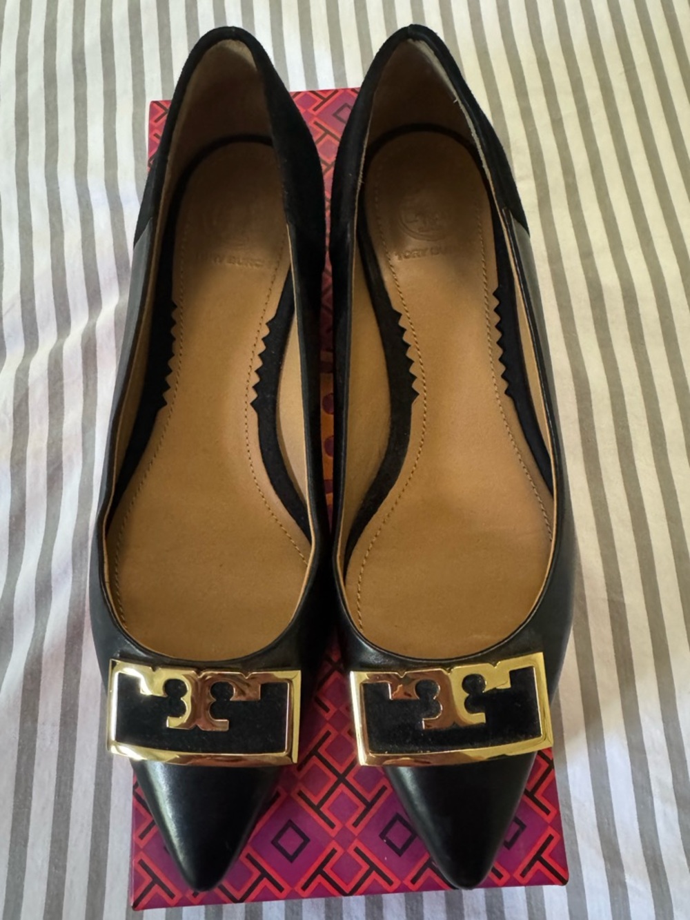 Tory Burch Black Pointed Leather Flats with Gold Logo Accent